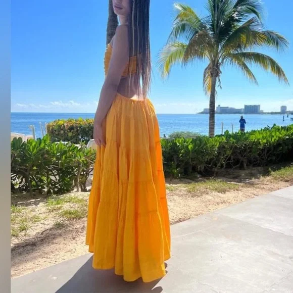 NWT Anthropologie Let Me Be Cutout Tiered Maxi Dress in Tangerine Yellow Size M - Picture 7 of 15